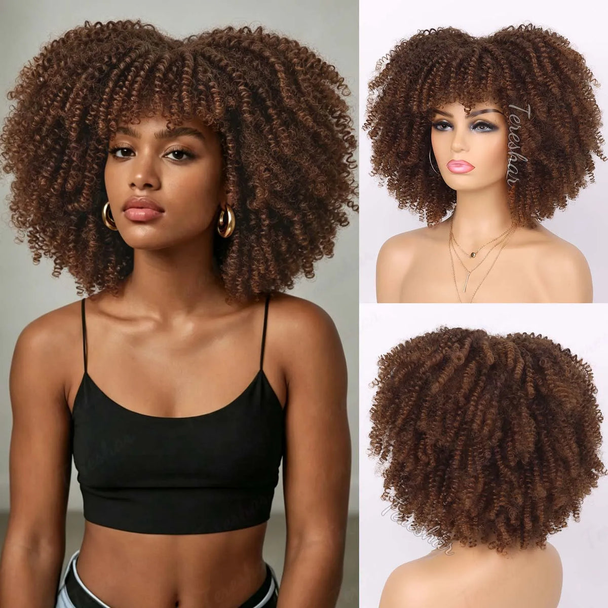 Short Curly Afro Wig with Bangs for Daily Wear