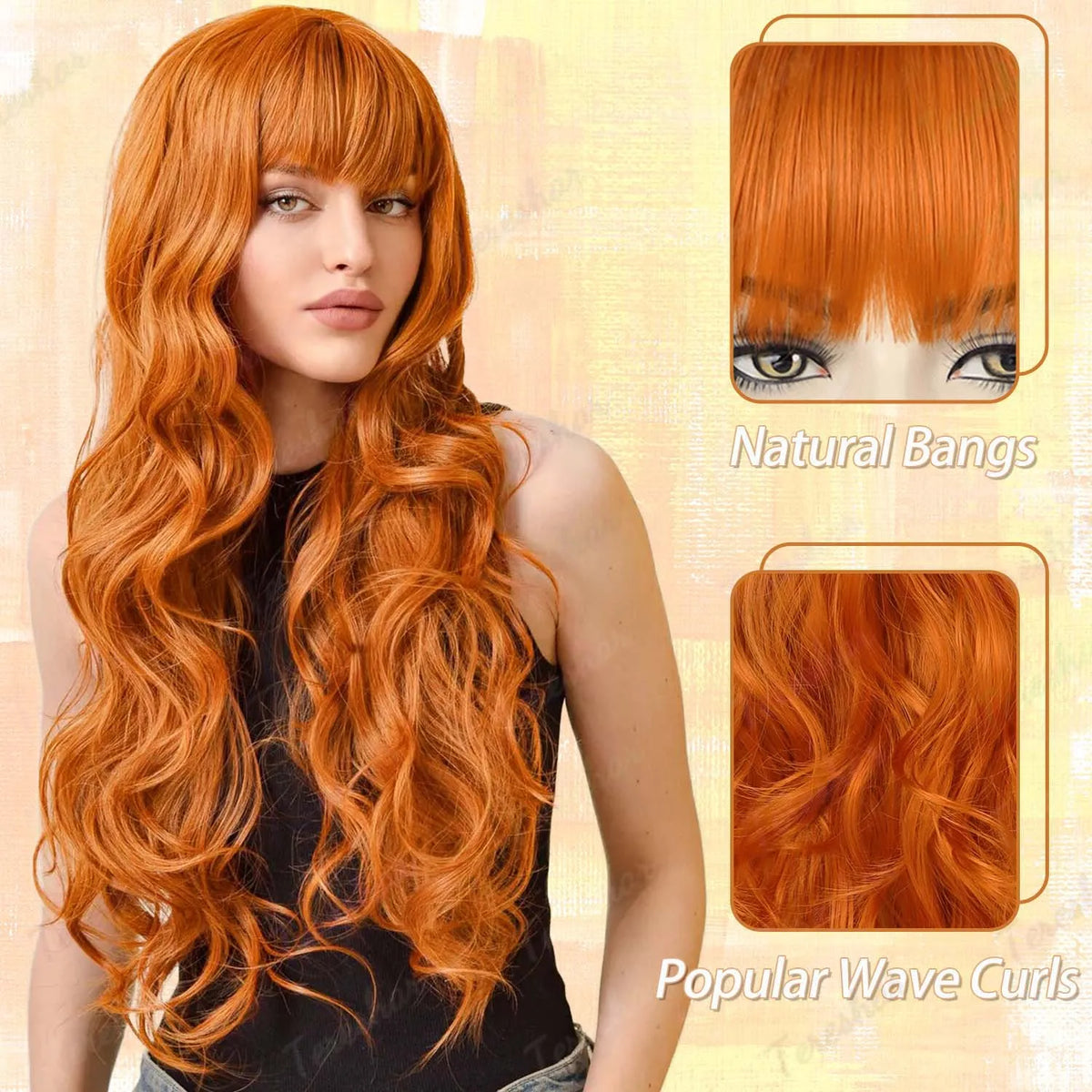 Long Wavy Orange Wig with Bangs for Cosplay and Daily Wear