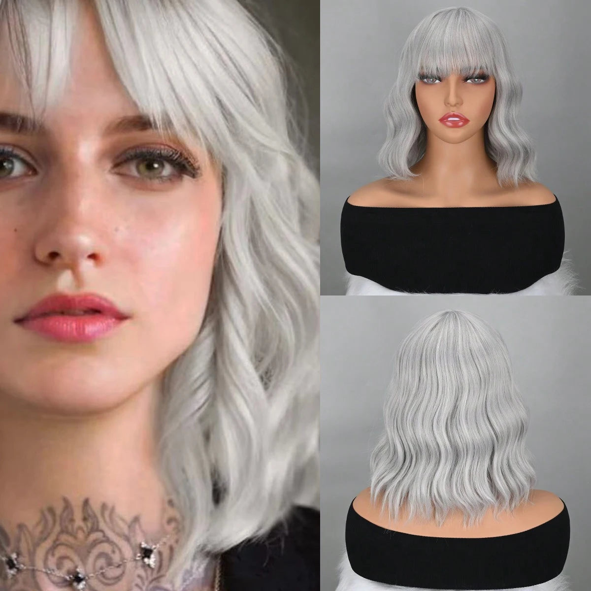 Short Wavy Bob Wig with Bangs for Daily Wear - 16