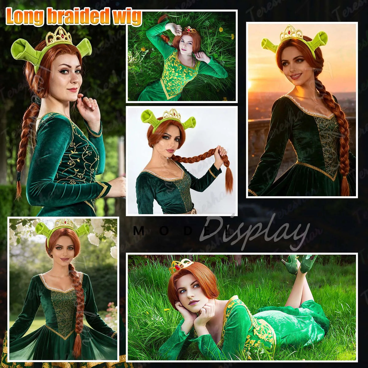 Reddish Brown Braided Costume Wig with Ogre Ears and Princess Crown