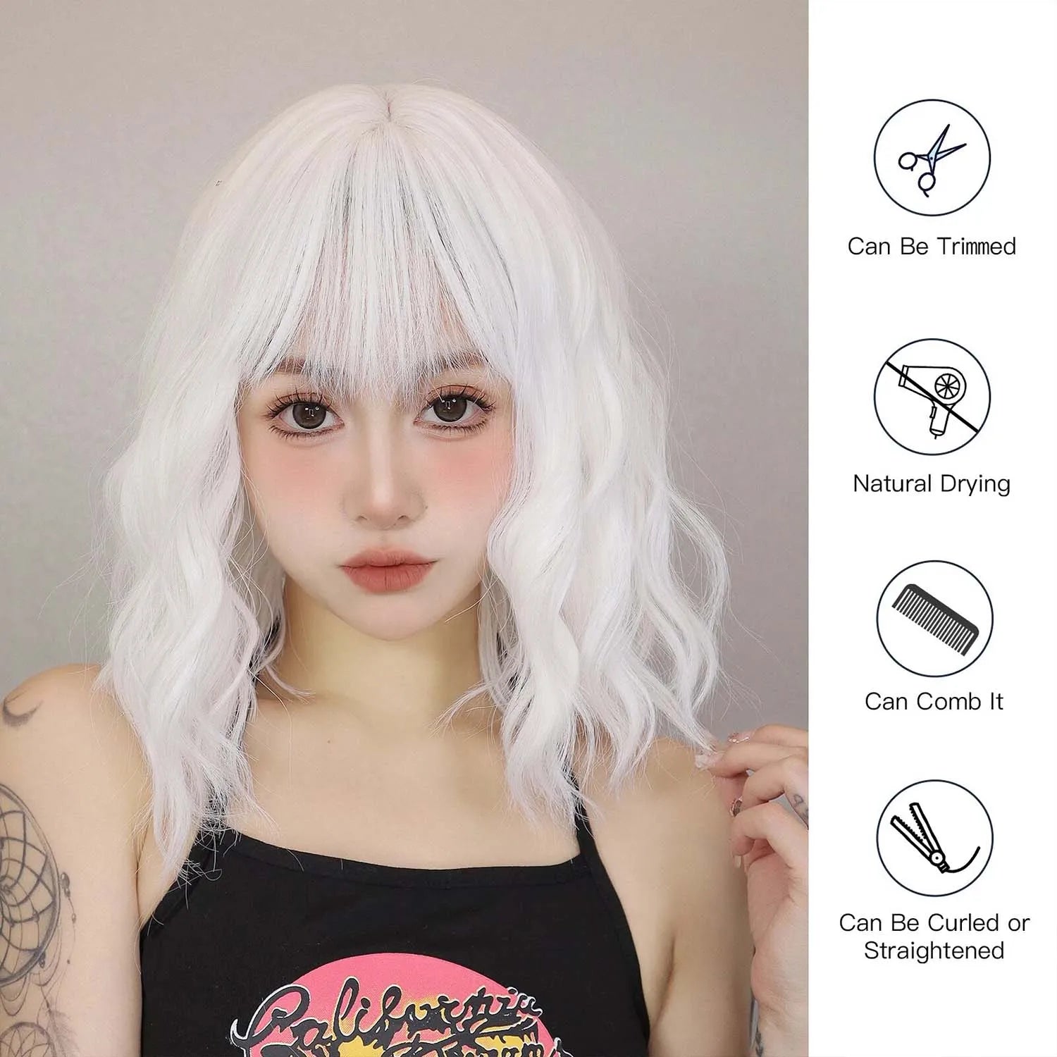 Short Wavy White Wig with Bangs for Cosplay and Daily Wear - 3