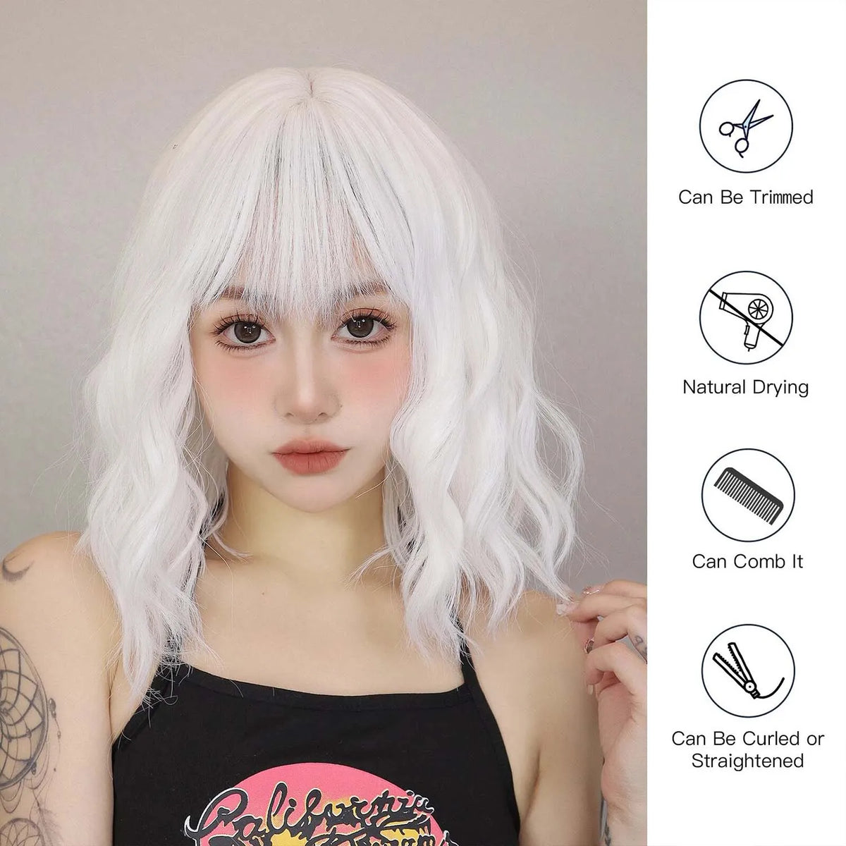 Short Wavy White Wig with Bangs for Cosplay and Daily Wear