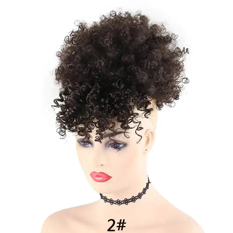 Kinky Curly Afro Puff Drawstring Ponytail with Bangs for Women