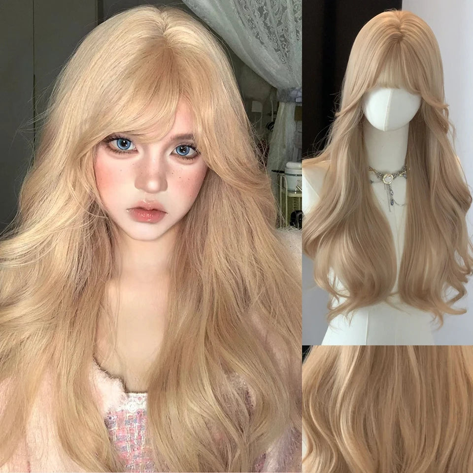 Long Wavy Ash Blonde Synthetic Wig with Bangs - 66