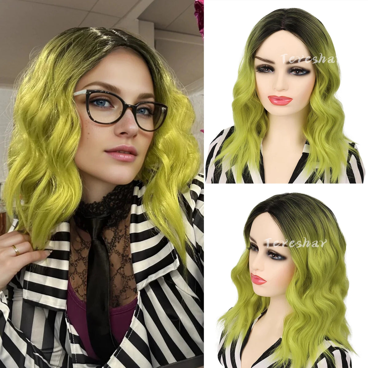 Short Wavy Green Ombre Bob Wig for Cosplay and Halloween Parties