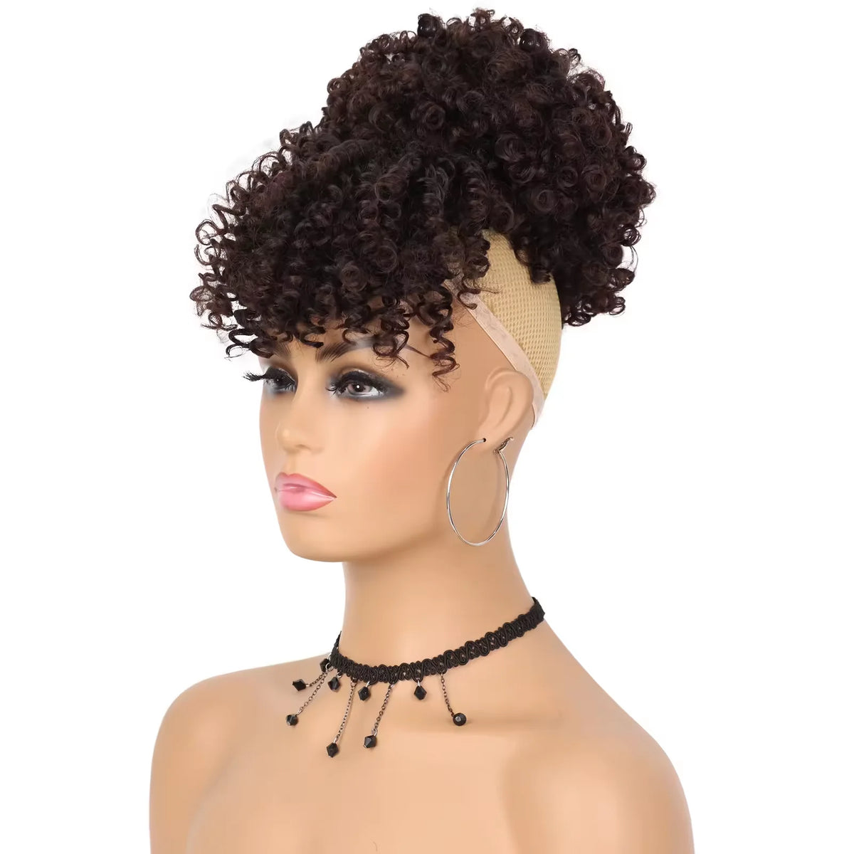 Kinky Curly Afro Puff Drawstring Ponytail with Bangs for Women