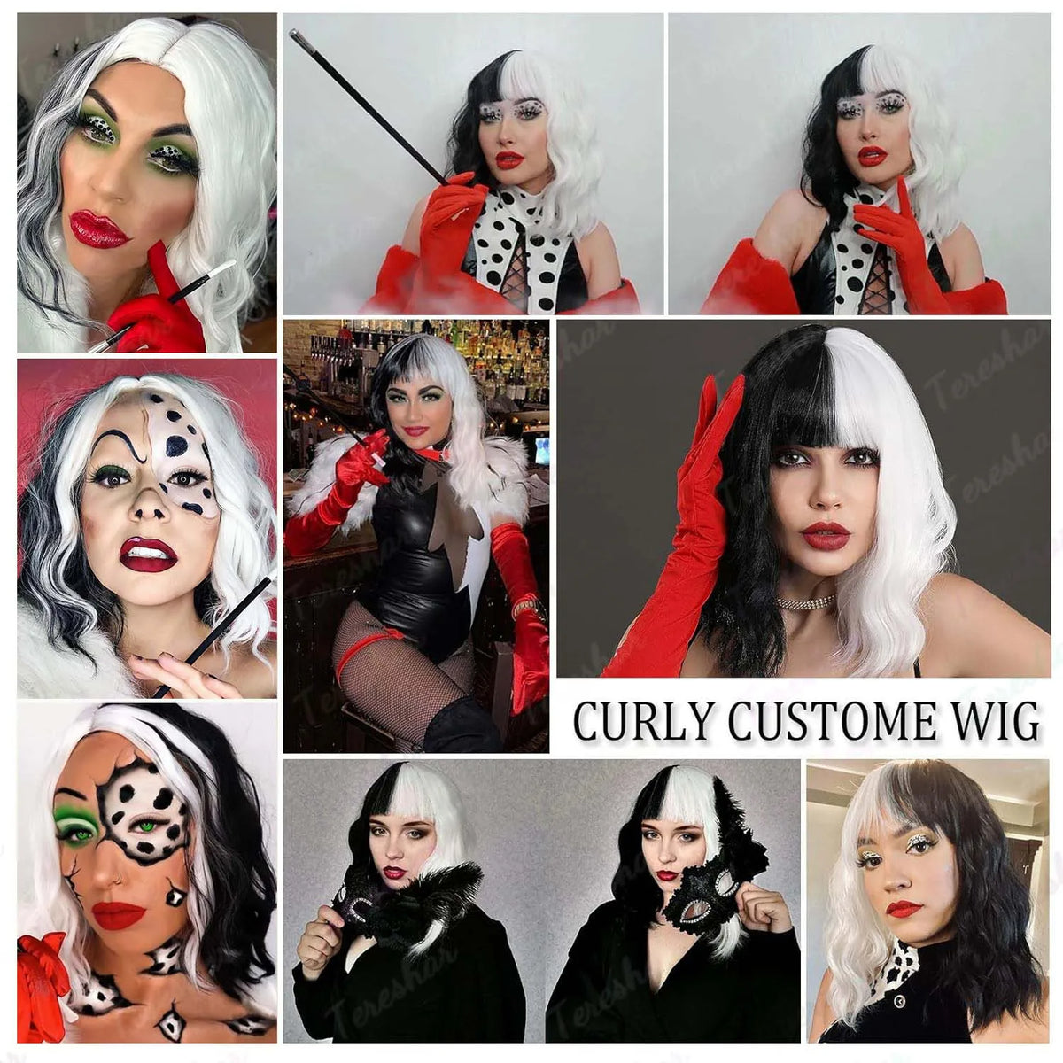 Black and White Wavy Cosplay Wig Set with Dalmatian Shawl and Accessories