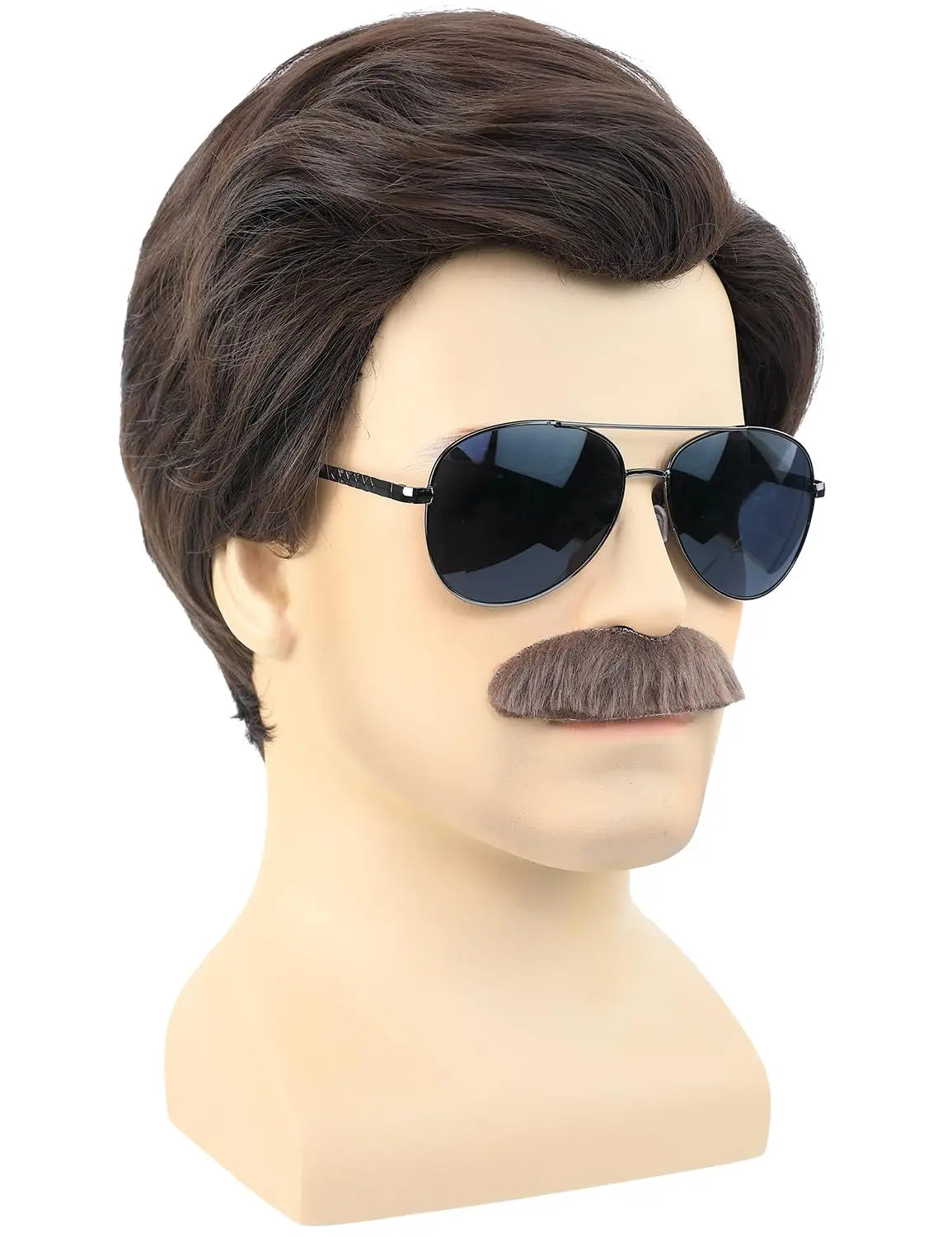 Short Brown Costume Wig Set with Mustache and Sunglasses for Parties - 2