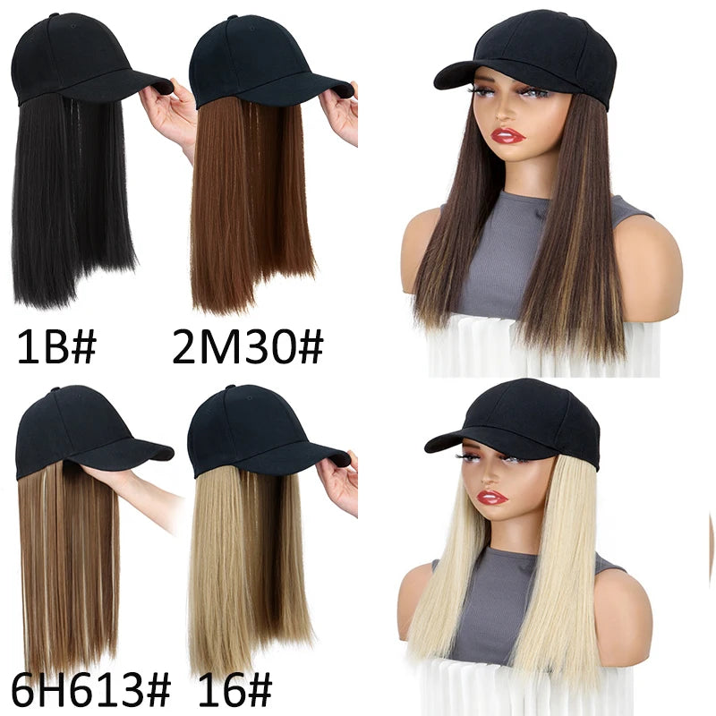 Adjustable Baseball Cap with Attached Long Straight Hair Extension