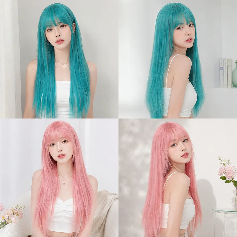 Long Straight Synthetic Wig with Full Bangs for Cosplay and Daily Wear - 7