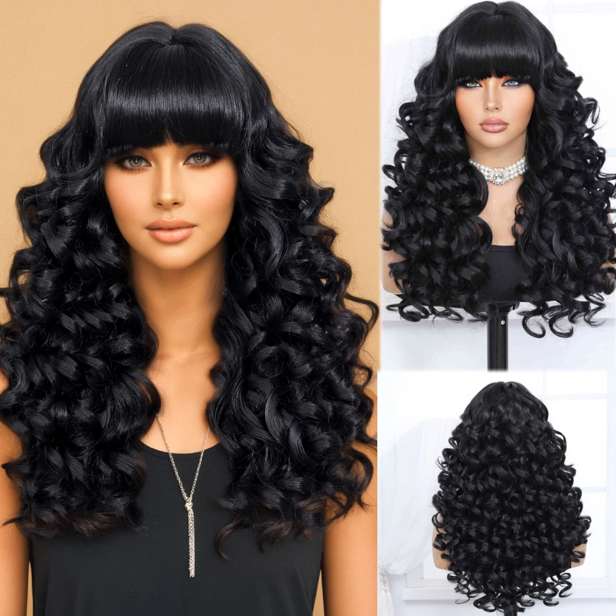 28-Inch Long Curly Synthetic Wig with Bangs - 8