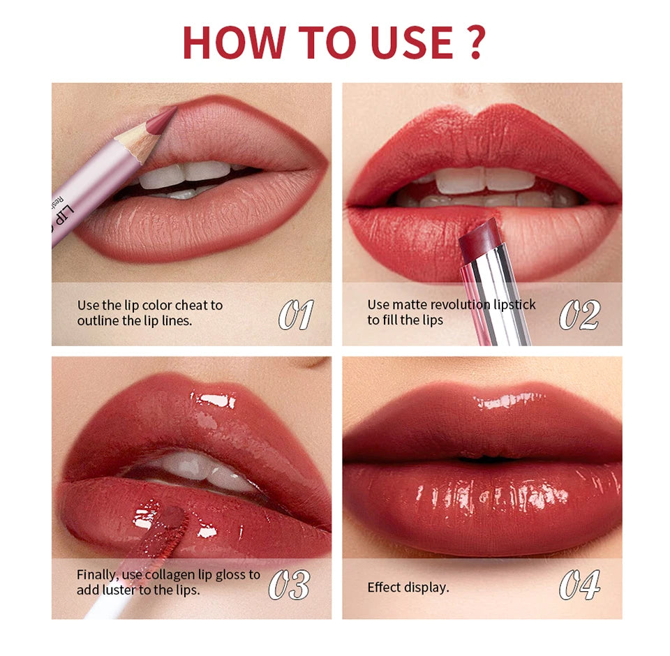 Professional 3-Piece Waterproof Matte Lipstick and Lip Gloss Makeup Set - 14