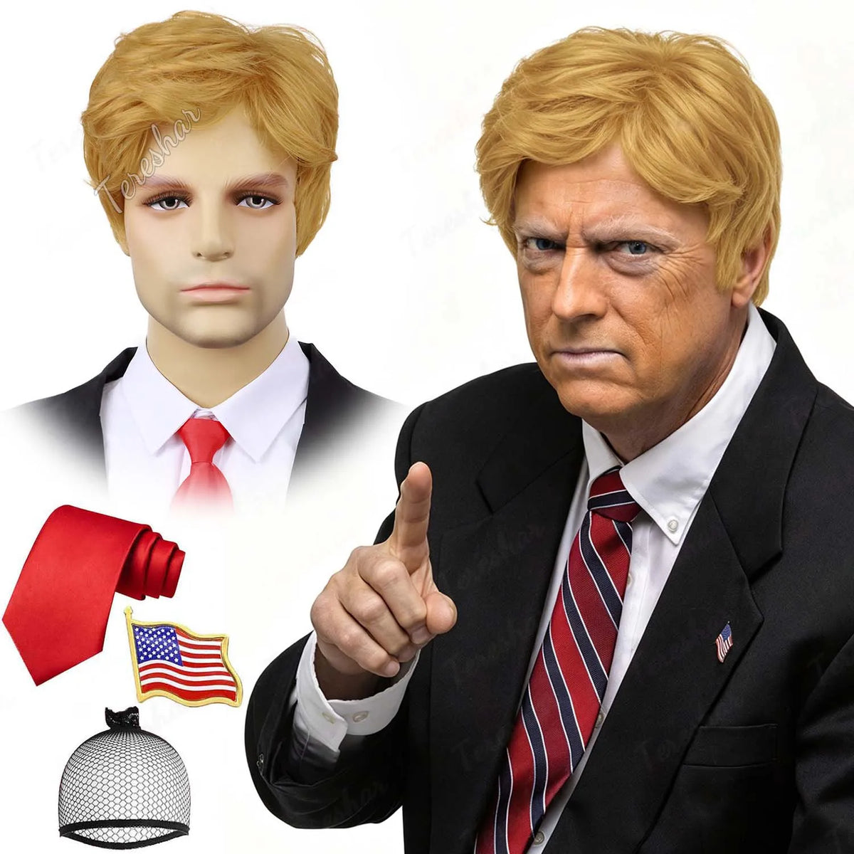 Short Blonde Men's Cosplay Wig with Red Tie and Flag Pin for Halloween