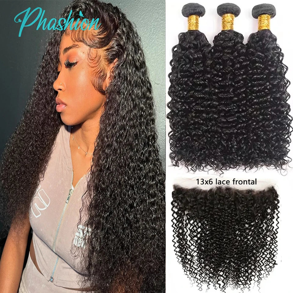 Kinky Curly Human Hair Bundles with Lace Frontal Closure