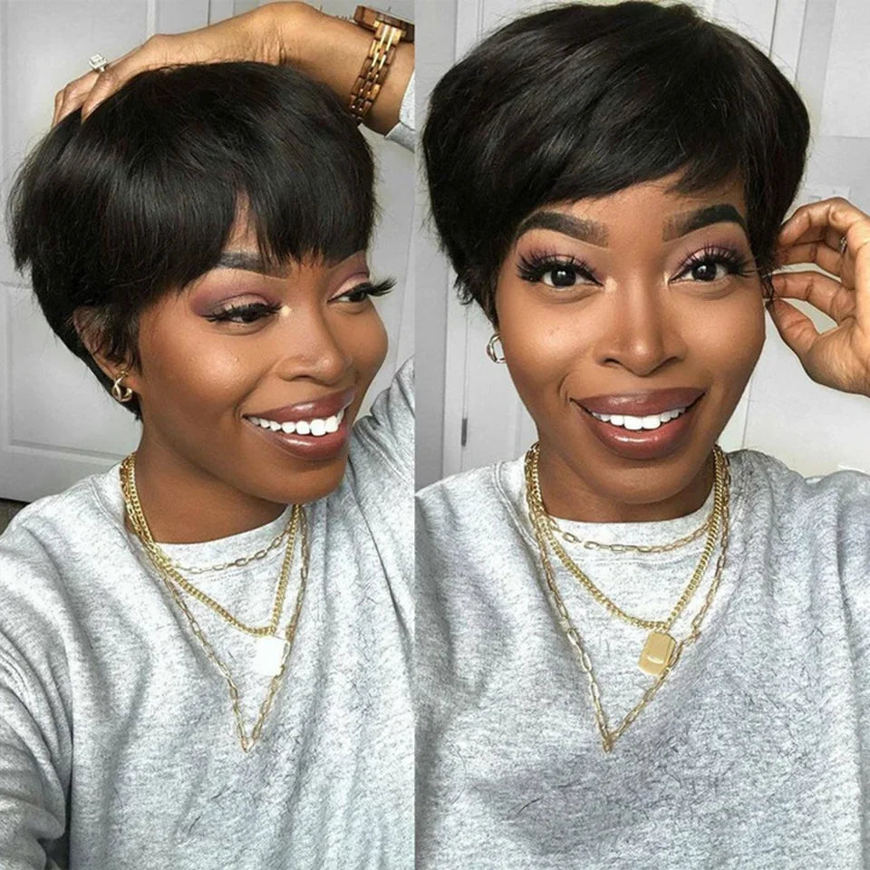 Short Pixie Cut Human Hair Bob Wig with Bangs