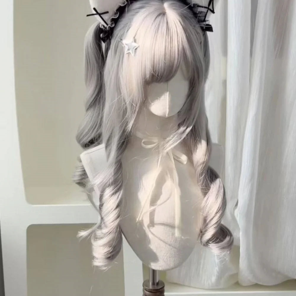 Long Wavy Silver Gray Cosplay Wig with Bangs for Women - 3