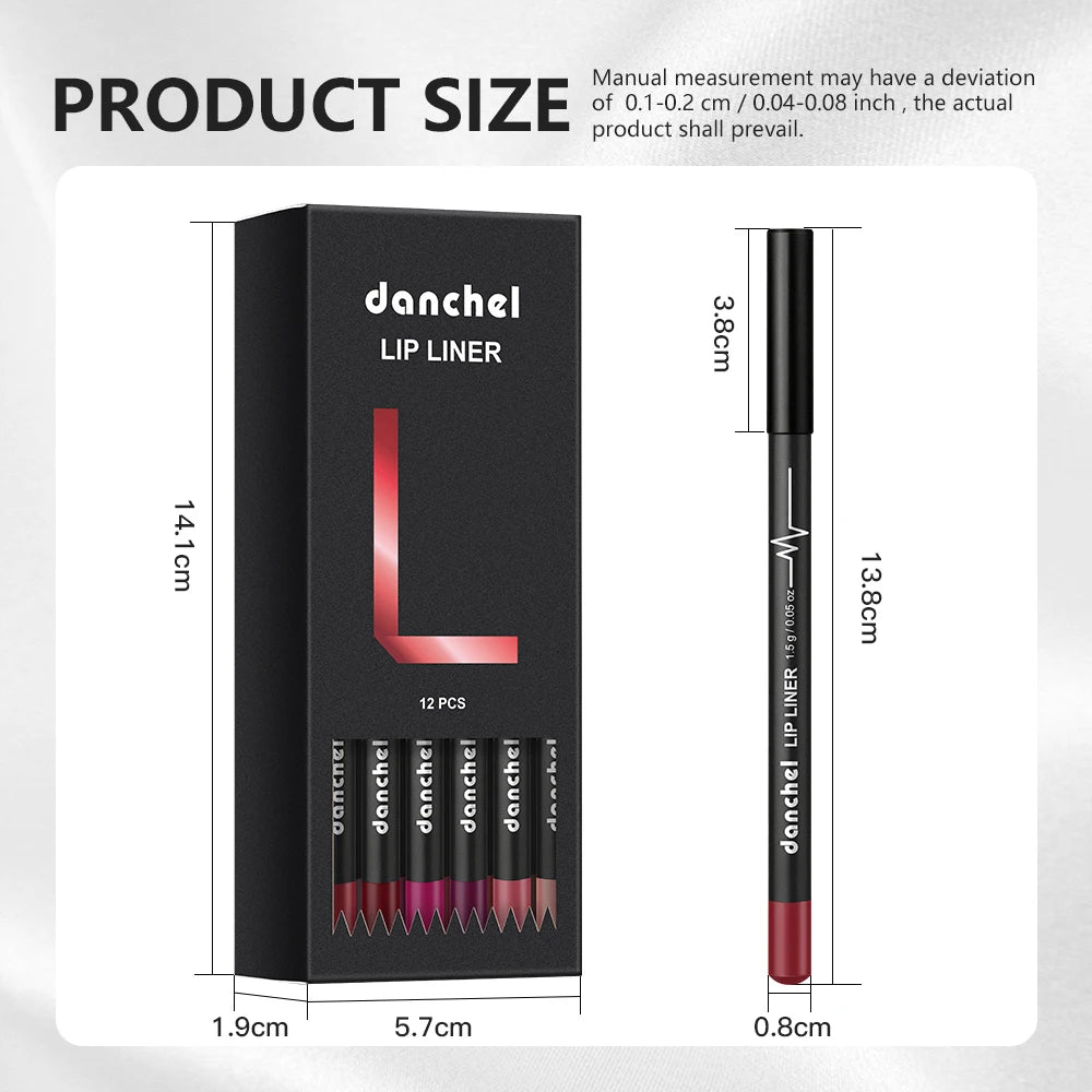 Professional 12-Color Semi-Matte Waterproof Lip Liner Pencil Set