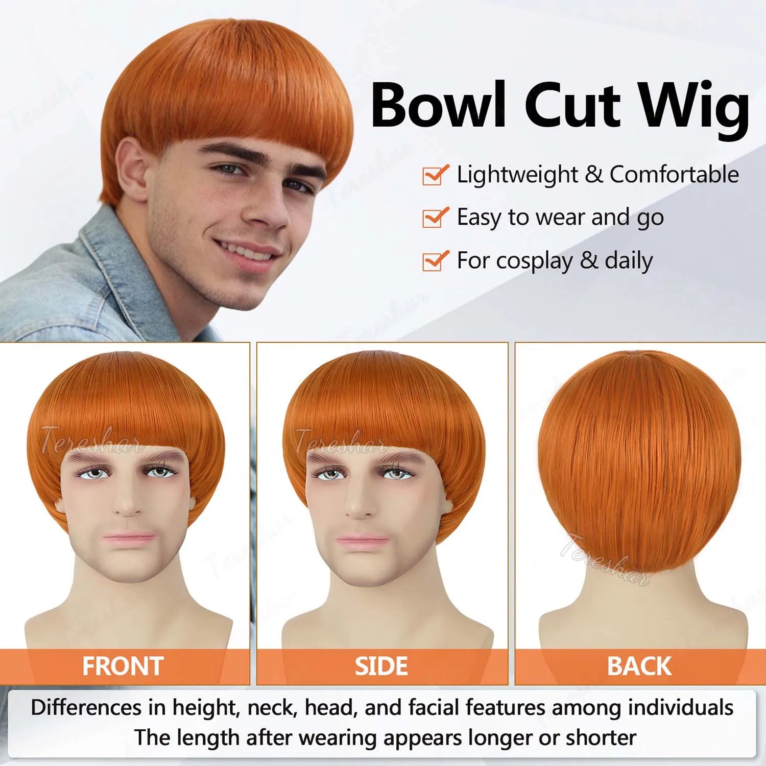 Short Retro Bowl Cut Cosplay Wig with Glasses for Costume Parties - 3