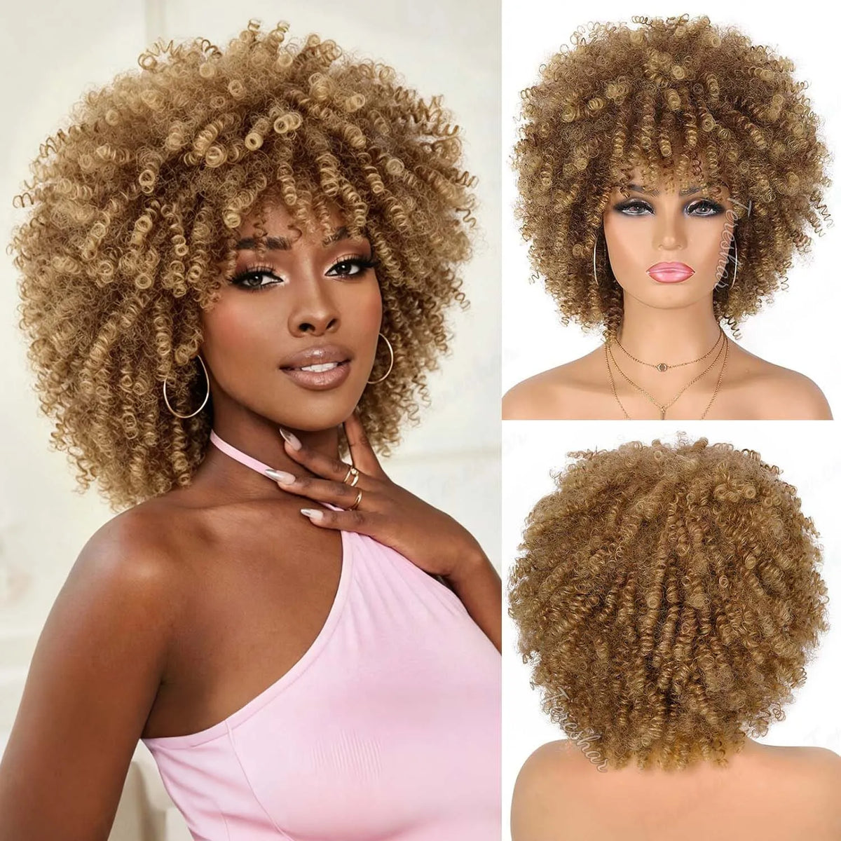 Short Curly Afro Wig with Bangs for Daily and Party Wear