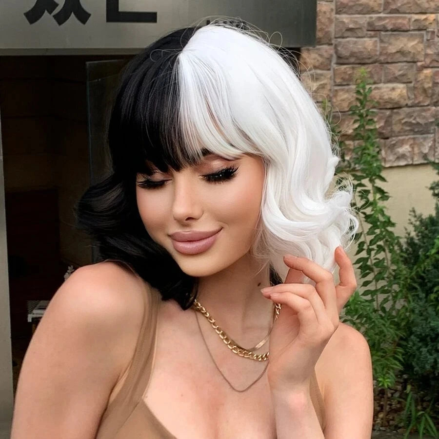 Split Color Black and White Mid-Length Wavy Wig with Bangs