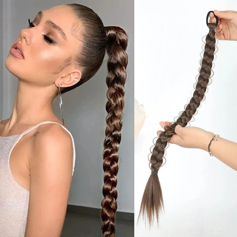Long Synthetic Braided Ponytail Extension with Secure Rubber Band