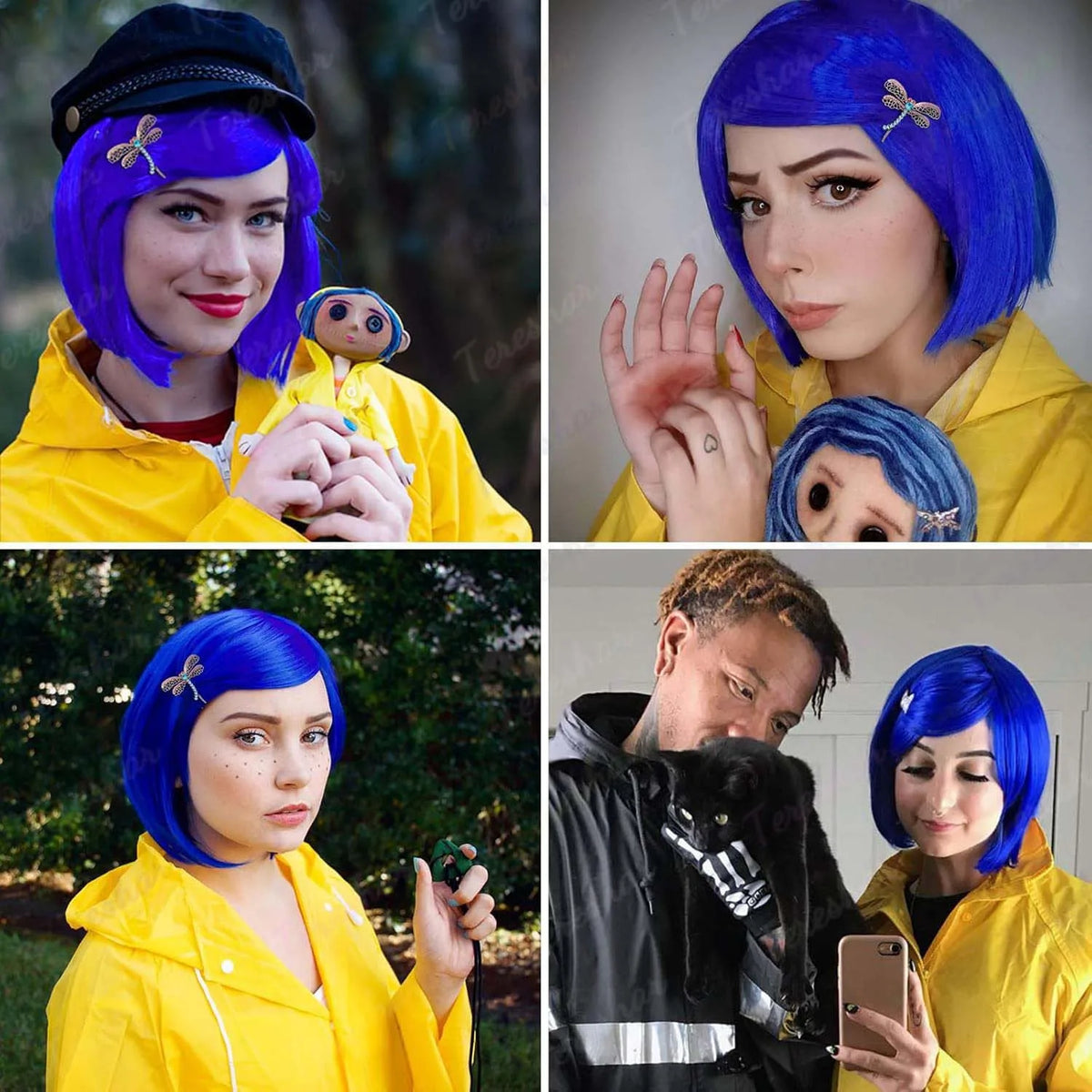 Short Blue Bob Wig with Hairpin and Necklace for Cosplay and Costume