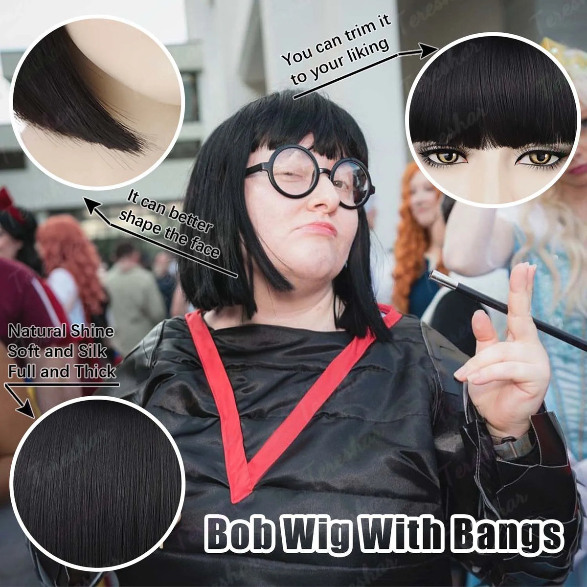 Short Straight Bob Wig with Bangs and Glasses for Cosplay and Parties