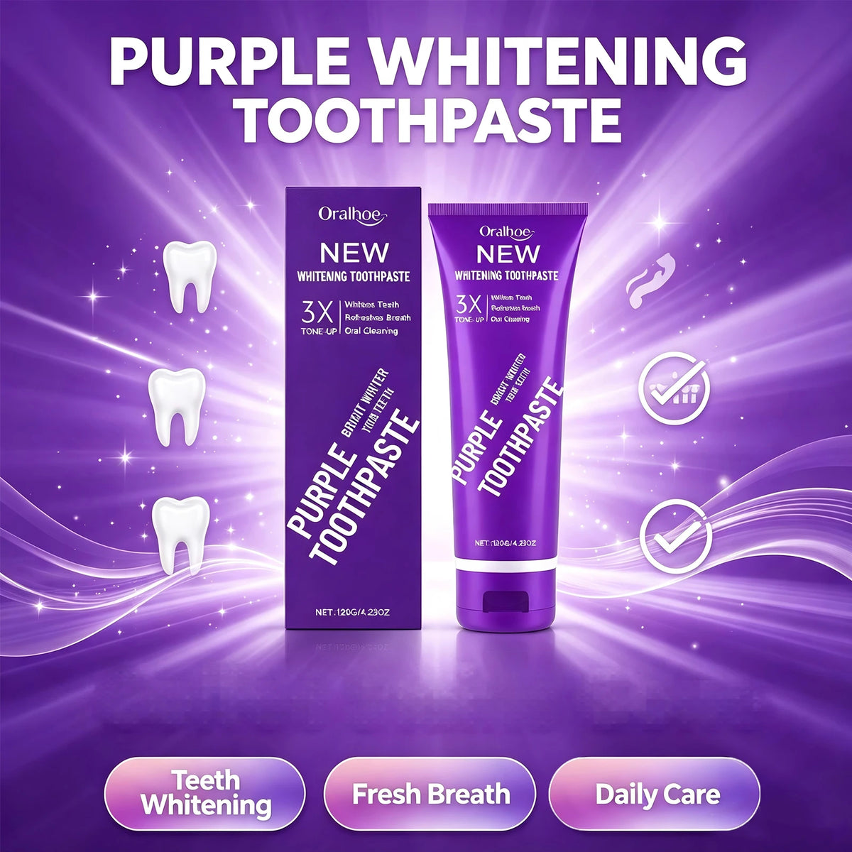 Purple Teeth Whitening Toothpaste for Stain Removal and Fresh Breath