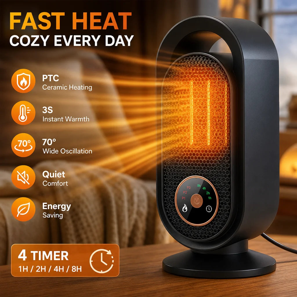 Portable Electric Ceramic Desktop Heater with Adjustable Timer and Heat - 2