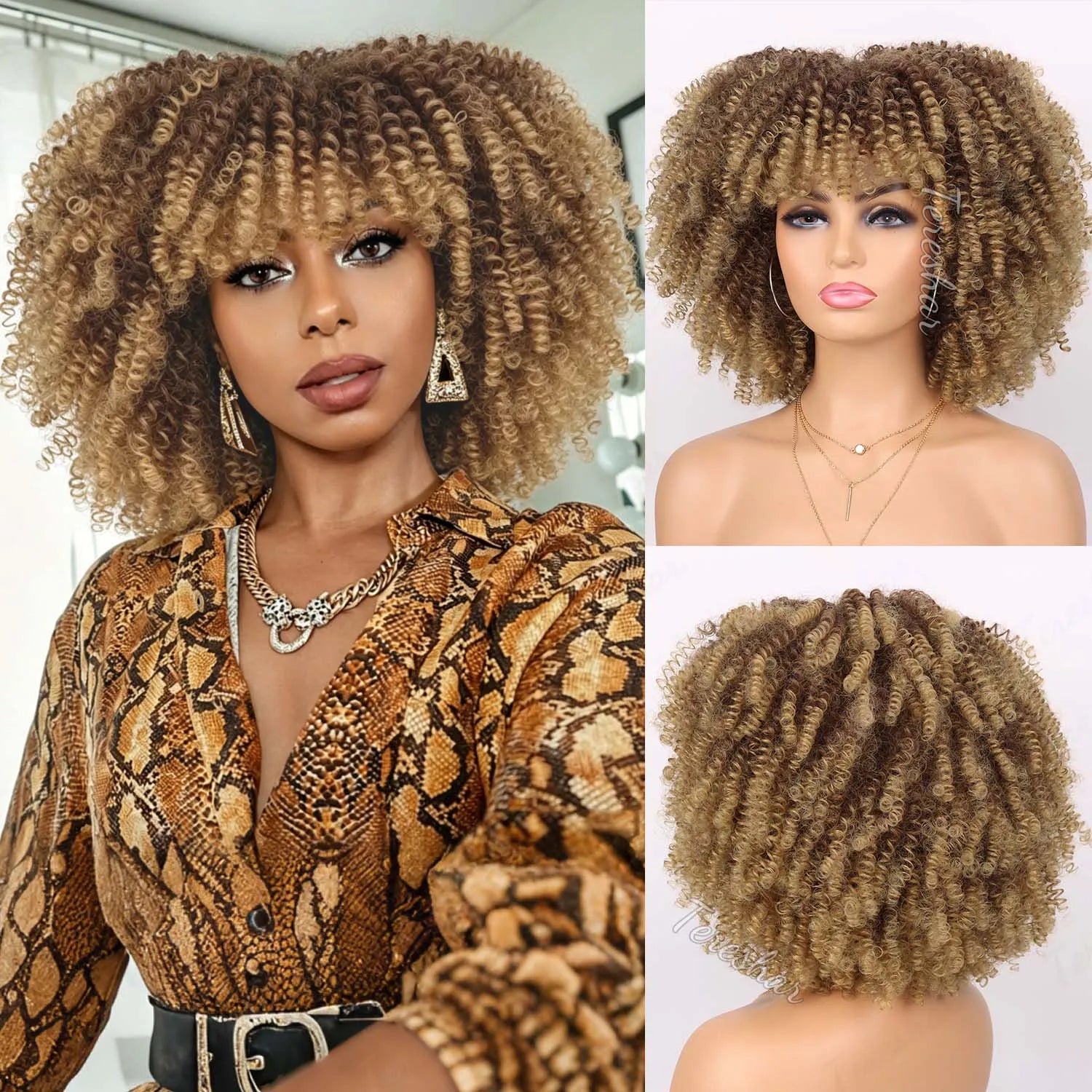Short Curly Afro Wig with Bangs for Daily Wear - 16