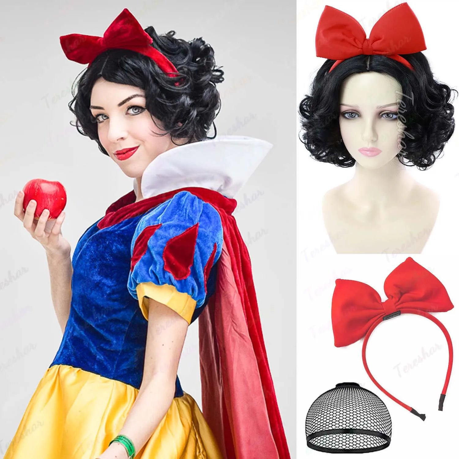 Short Curly Bob Wig with Red Bow Headband for Costume and Cosplay - 1