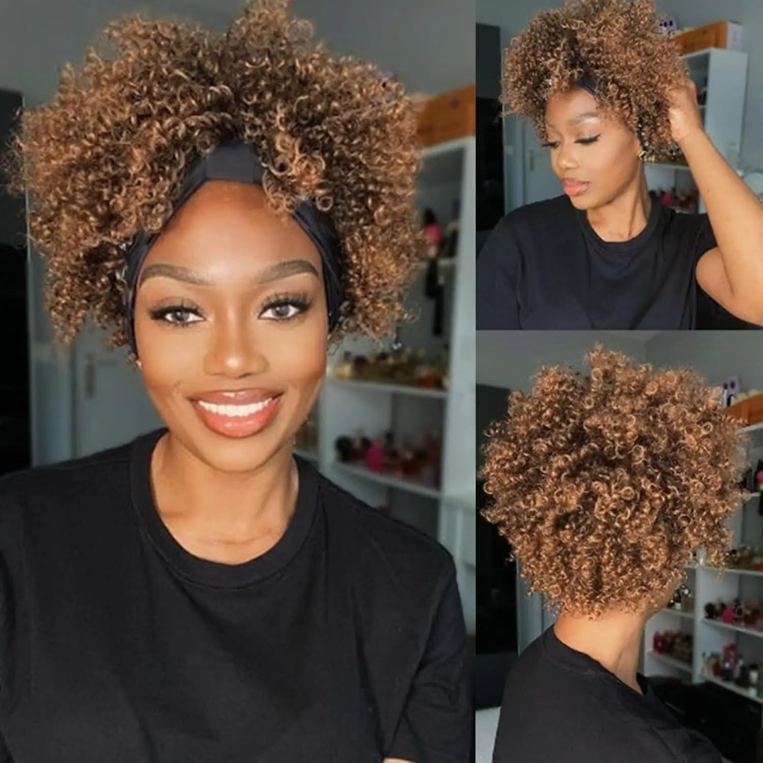 Short Kinky Curly Afro Headband Wig for Women - 4