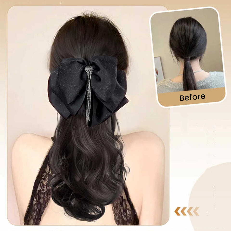 Wavy Bow Claw Clip Ponytail Extension for Effortless Volume