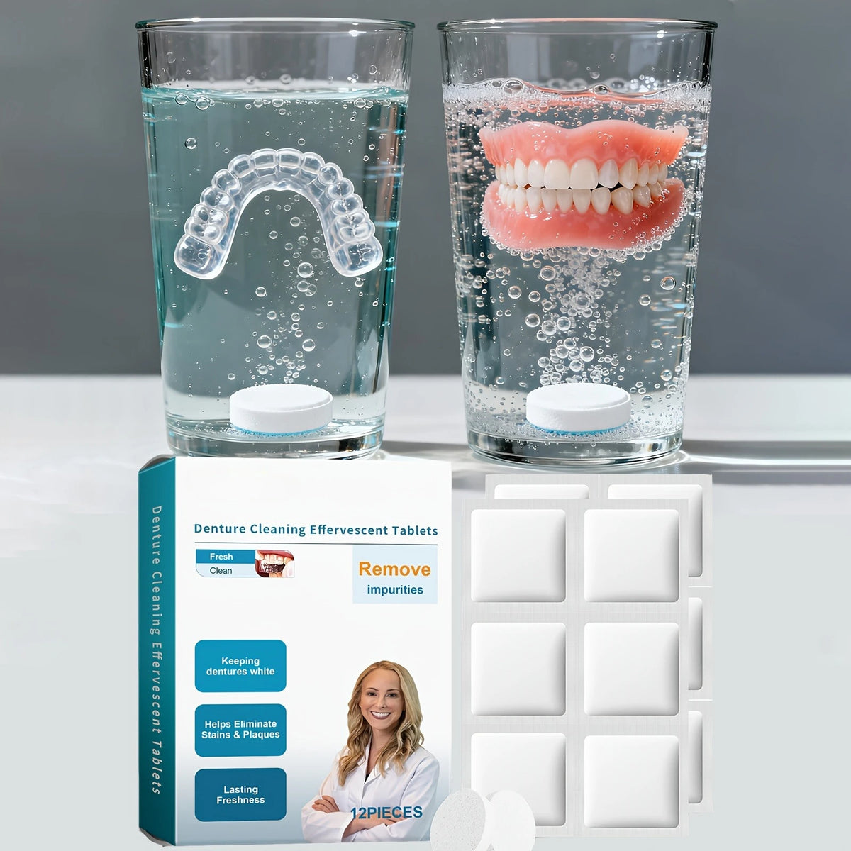 Effervescent Denture and Retainer Cleaning Tablets for Deep Stain Removal