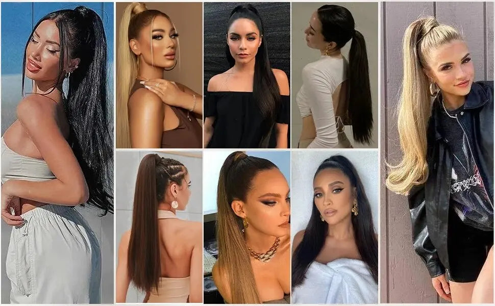 24 Inch Long Straight Wrap Around Ponytail Hair Extension for Women