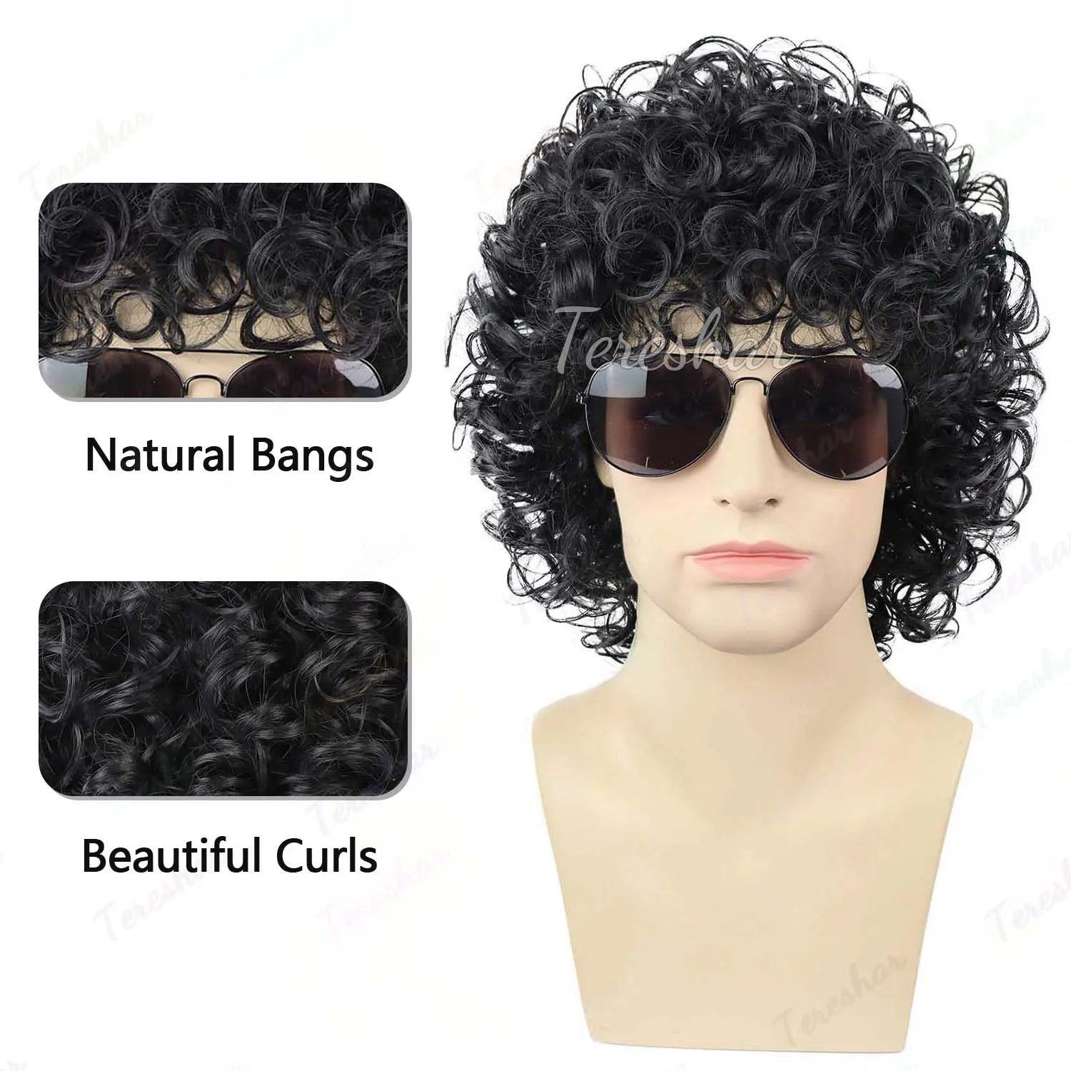Black Curly Rocker Mullet Wig with Retro Glasses for Costume Parties - 9