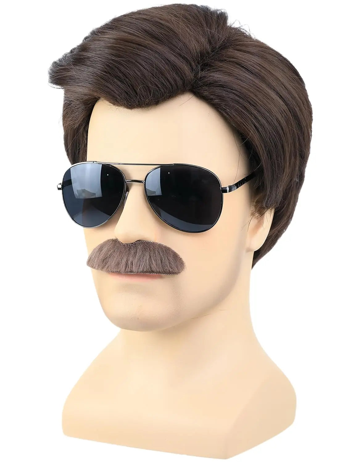 Short Brown Costume Wig Set with Mustache and Sunglasses for Parties - 3