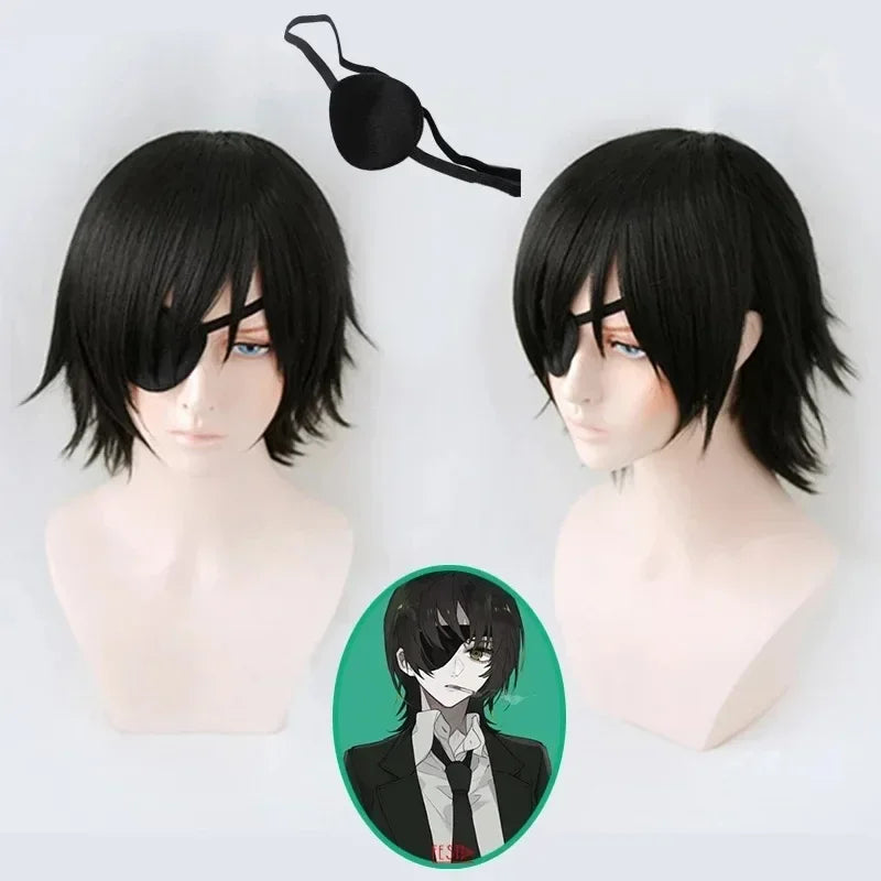 Short Black Anime Character Wig with Eye Patch for Cosplay