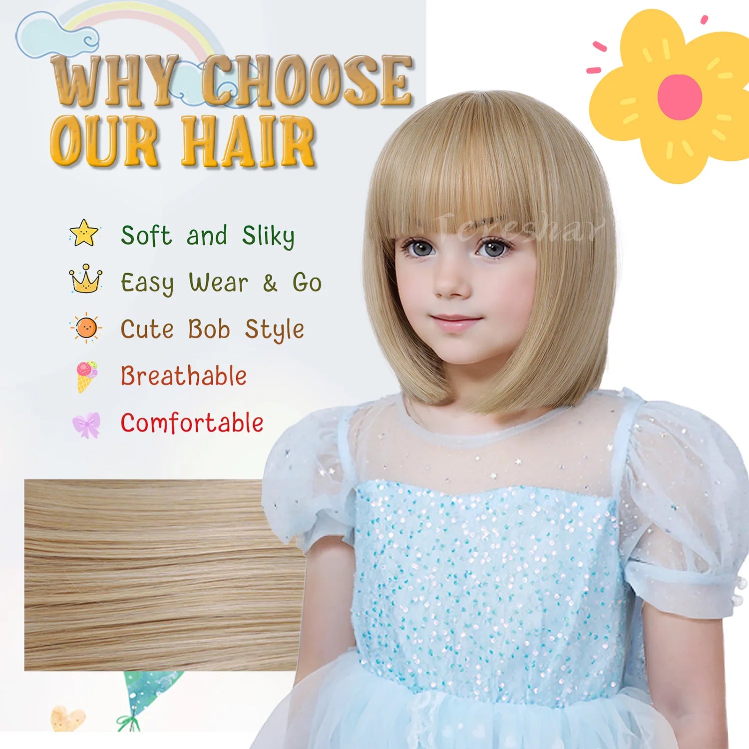 Short Straight Bob Wig with Bangs for Girls Kids Cosplay and Parties - 4