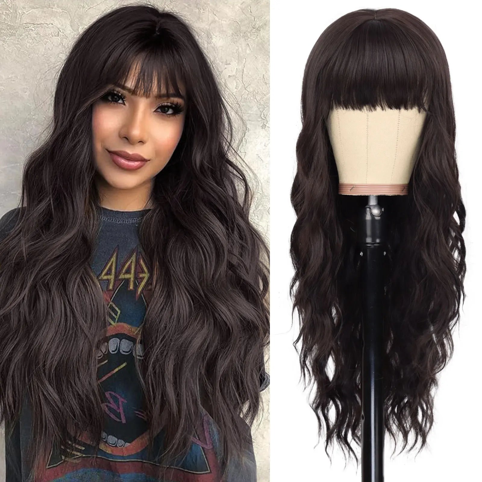 Long Wavy Synthetic Wig with Bangs for Daily Use and Parties - 24