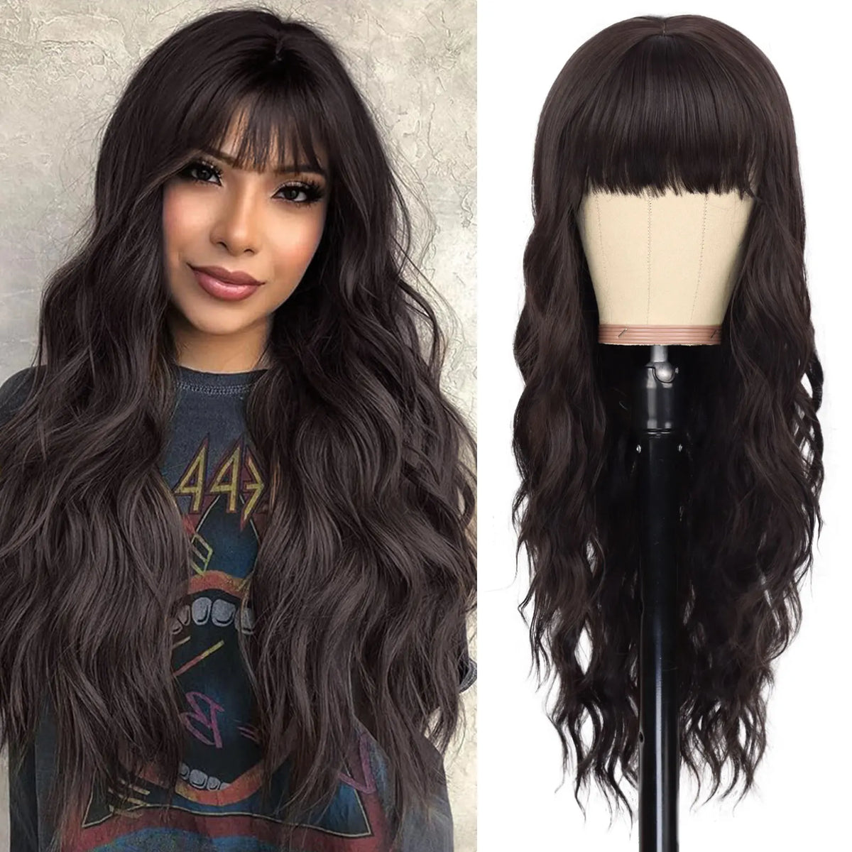 Long Wavy Synthetic Wig with Bangs for Daily Use and Parties