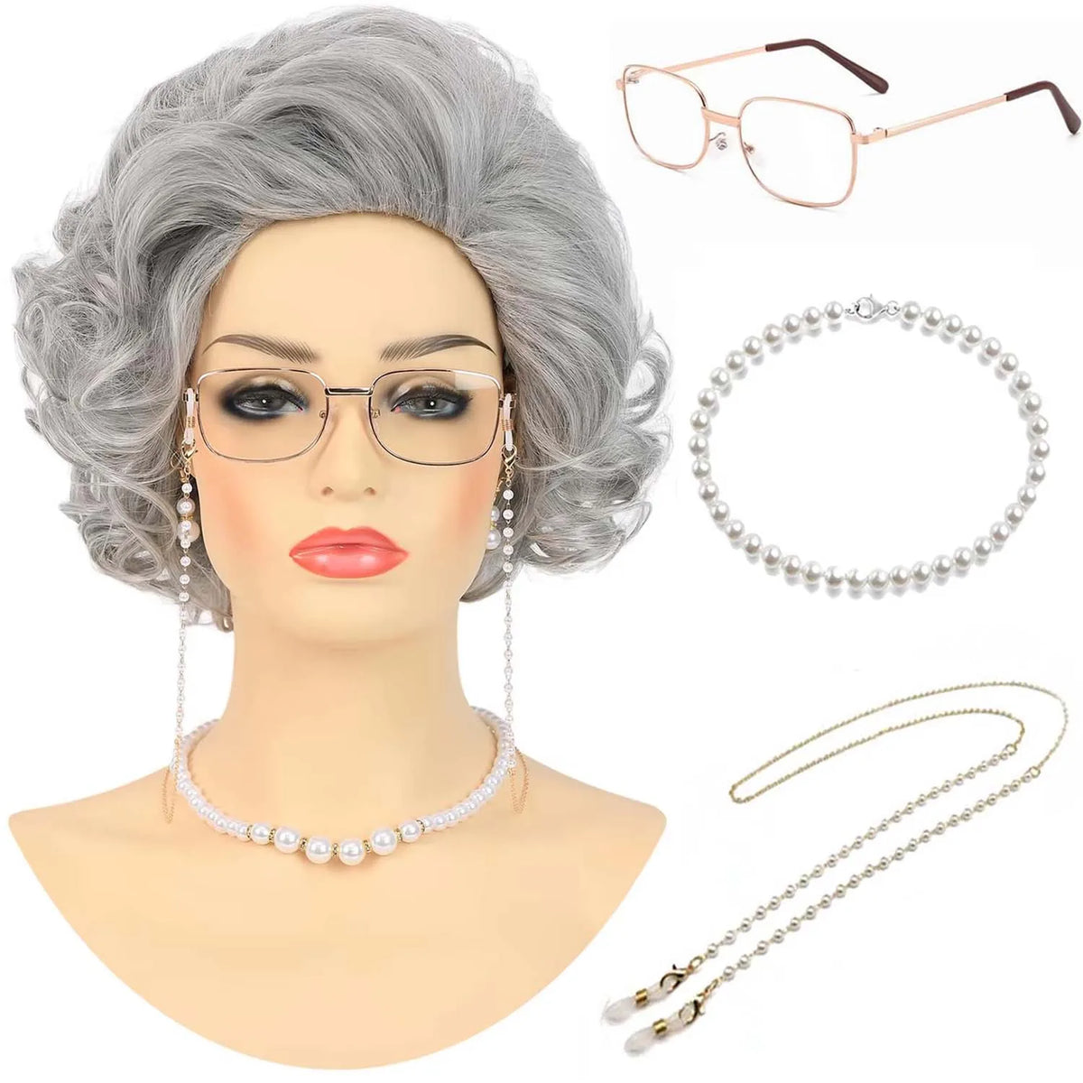 Short Curly Granny Wig Costume Set for Halloween and Cosplay Parties