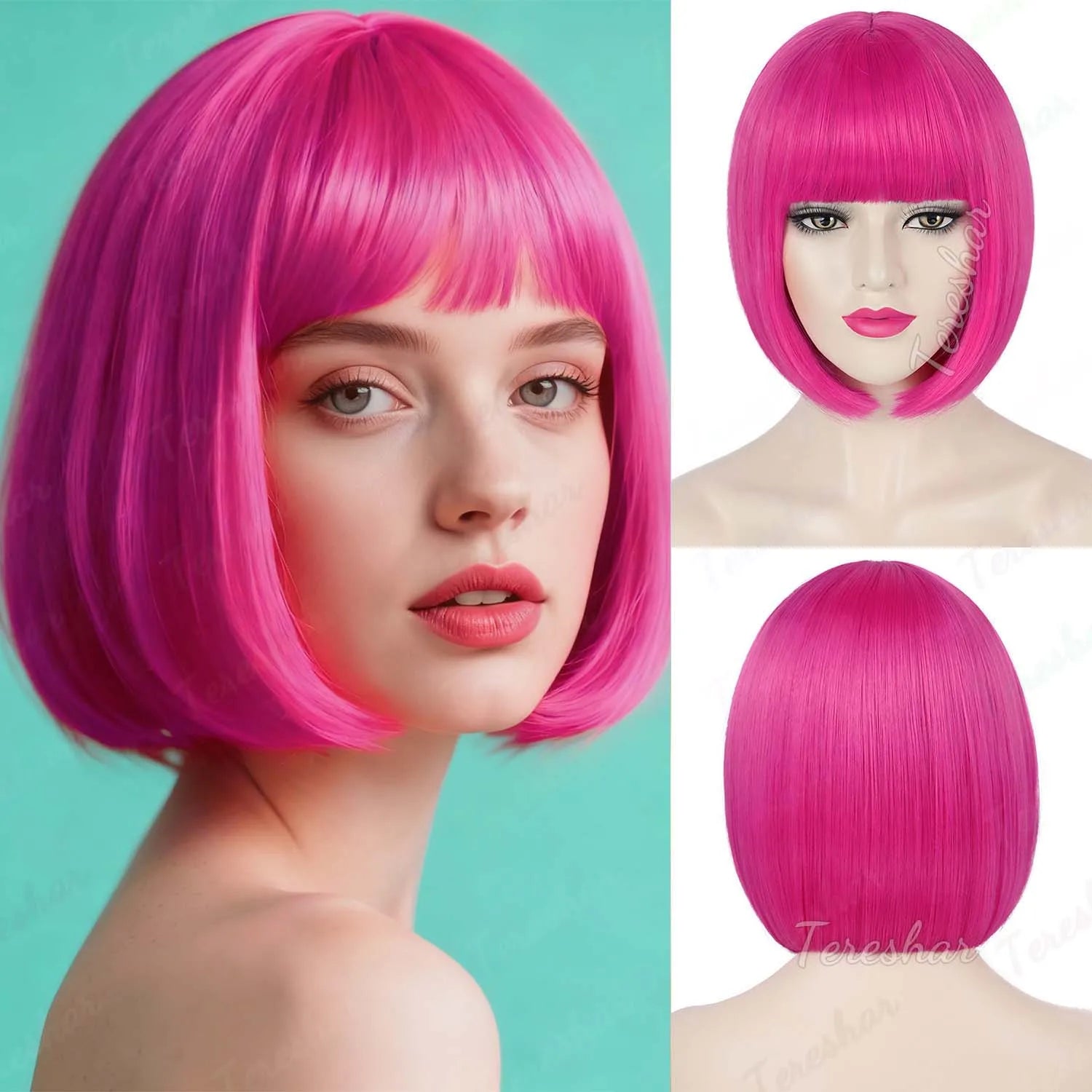 Short Straight Bob Synthetic Wig with Natural Bangs for Daily Wear - 10