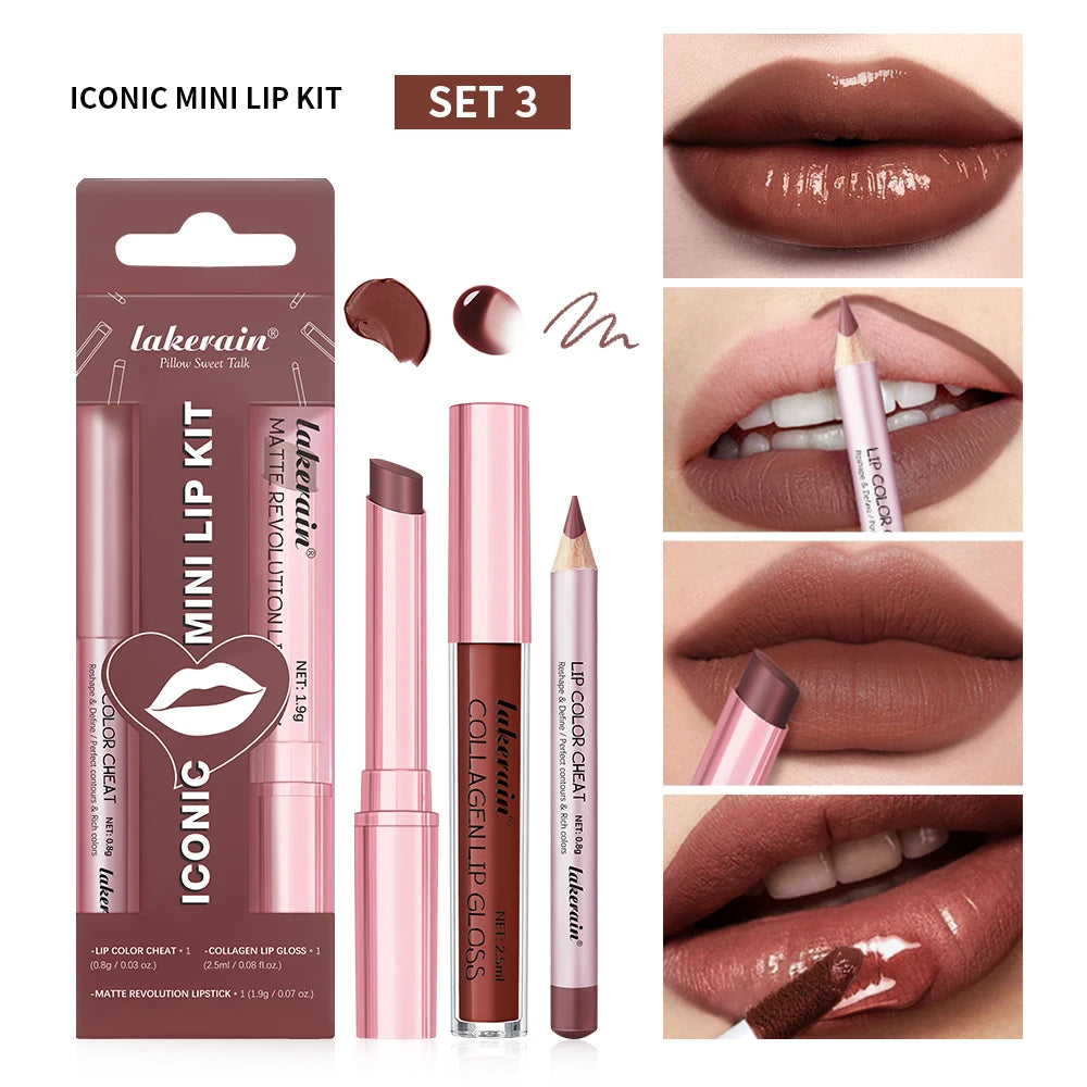 3-Piece Mini Lip Liner, Lipstick and Gloss Set for Perfect Pout