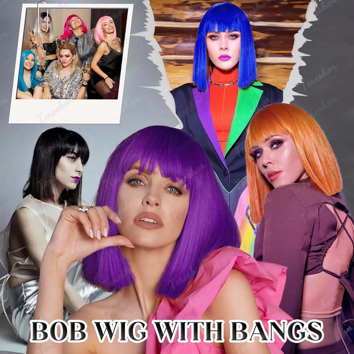Heat Resistant Synthetic Straight Bob Wig with Bangs for Women - 7