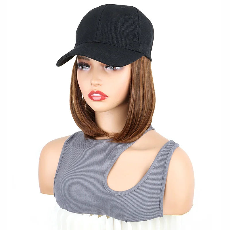 Short Straight Bob Hair Wig with Baseball Cap for Women - 7