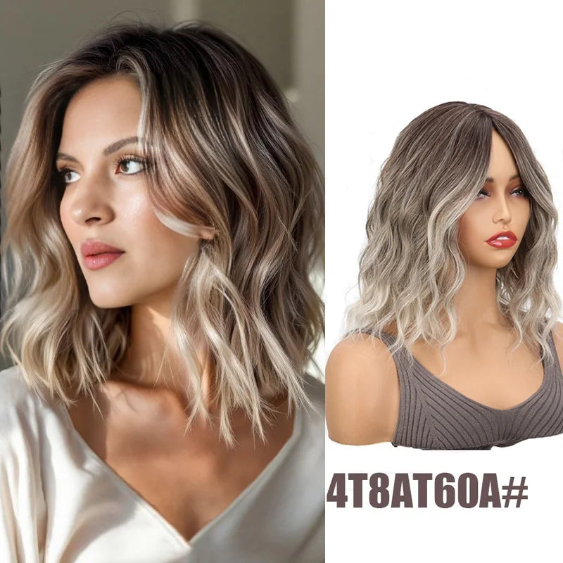 Shoulder Length Wavy Brown Wig with Dark Roots for Daily Wear