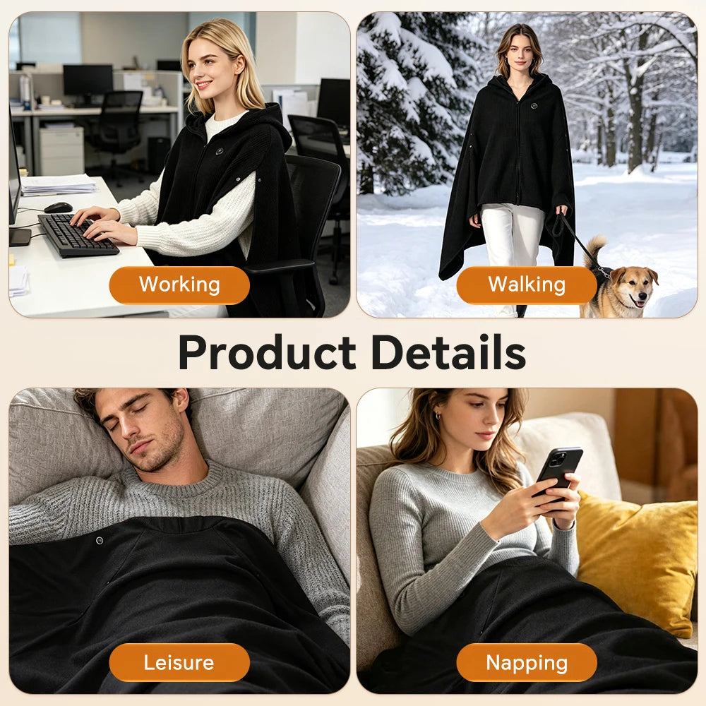 USB Powered Graphene Heated Hooded Shawl for Home and Office Comfort - 6