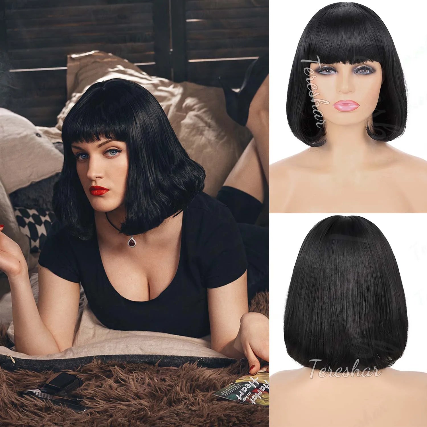 Short Straight Black Bob Wig with Bangs for Cosplay and Daily Wear - 11