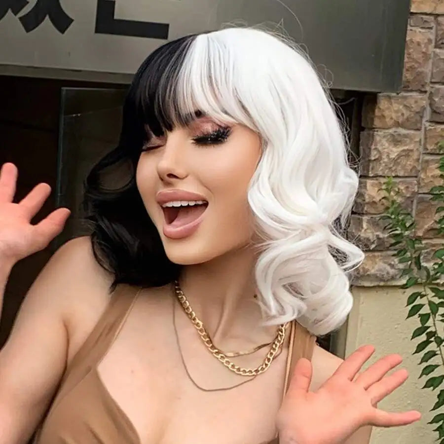 Split Color Black and White Mid-Length Wavy Wig with Bangs
